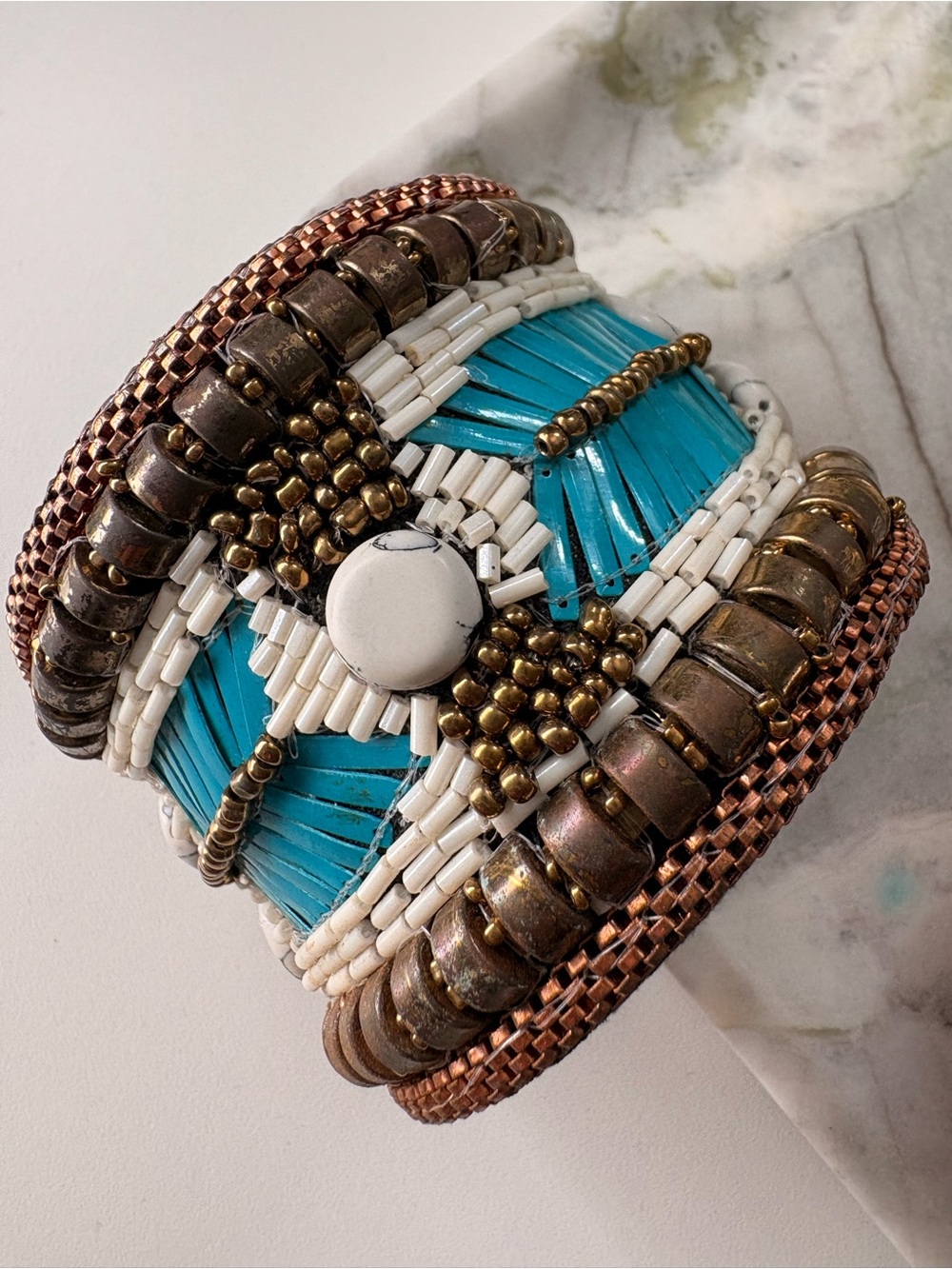 Beaded Turquoise and White Statement Cuff Bracelet